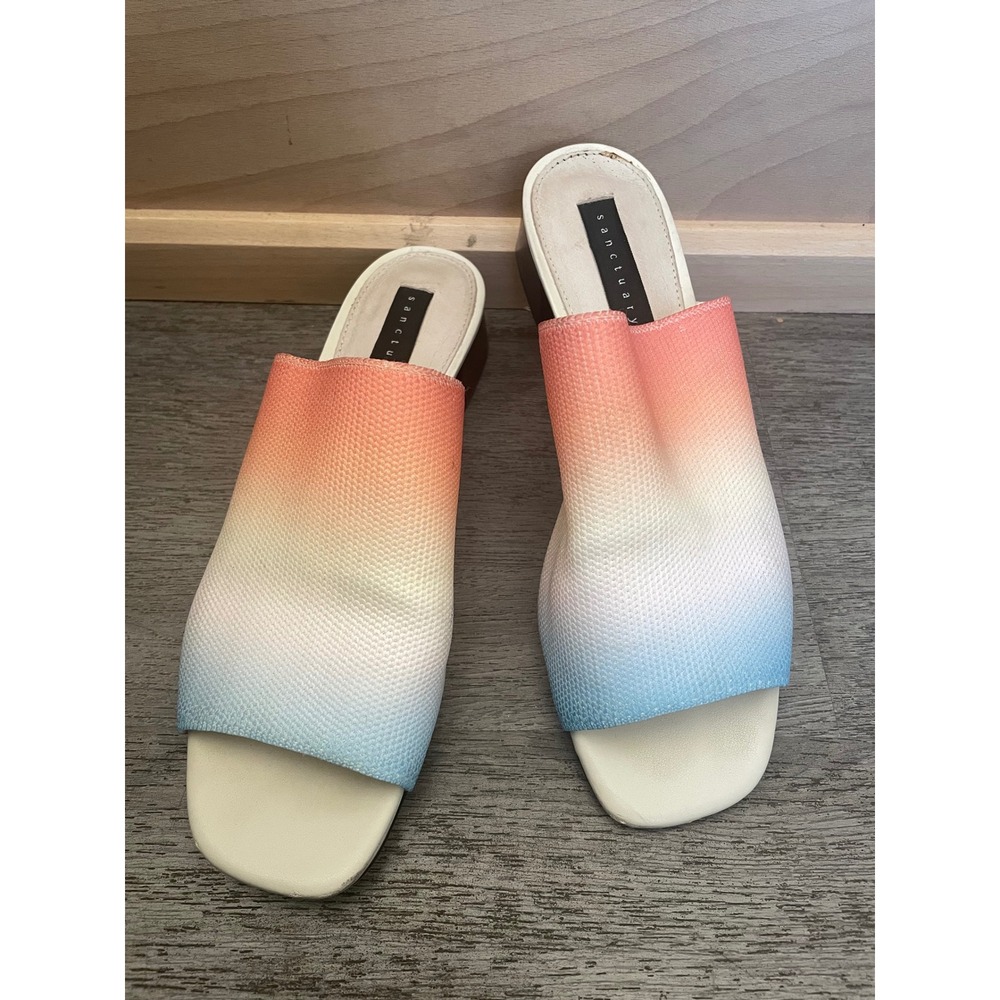 Sanctuary Womens Ombre Mesh Block Heel Slide Sandals‎ Orange Blue Square Toe 7M